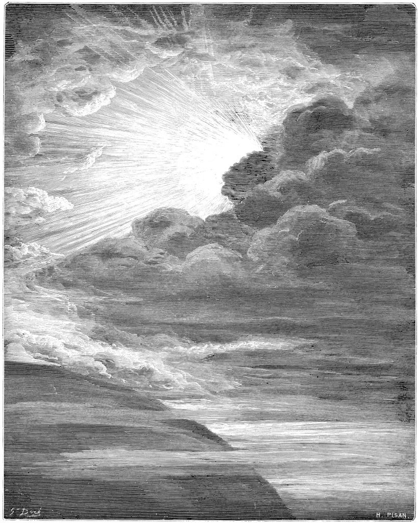 Black and white etching of clouds and sunlight.