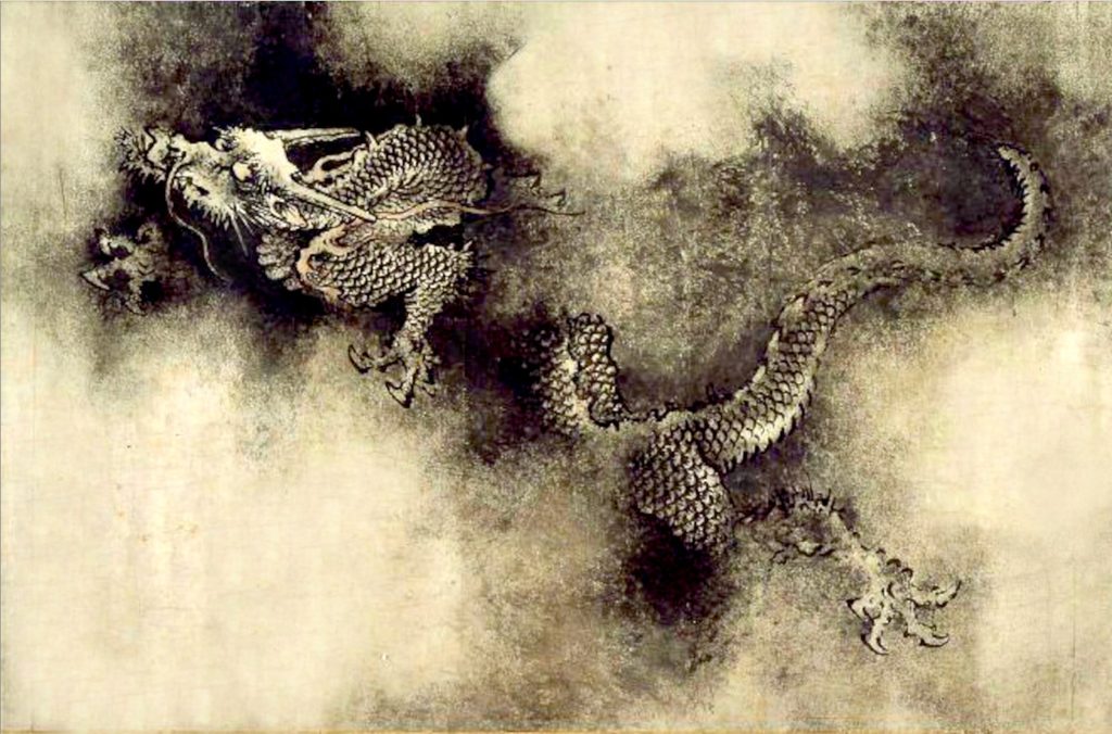 Painting of a Chinese dragon flying through clouds.