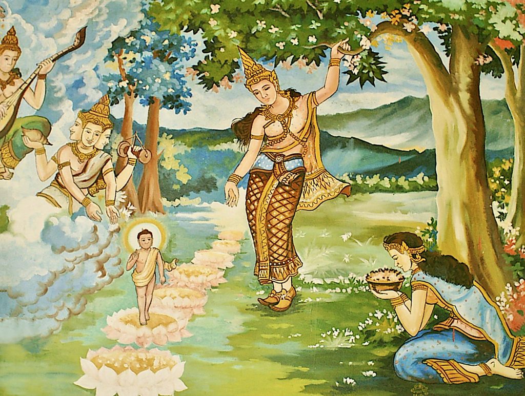 A woman standing and holding on to a tree watches a baby takes seven steps.