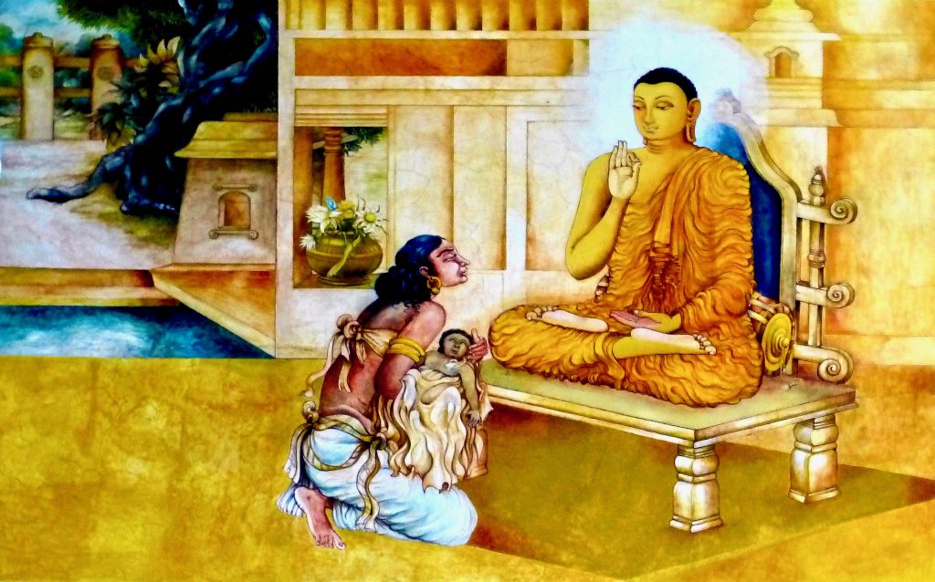 A woman carrying a dead child, kneeling in front of the Buddha.