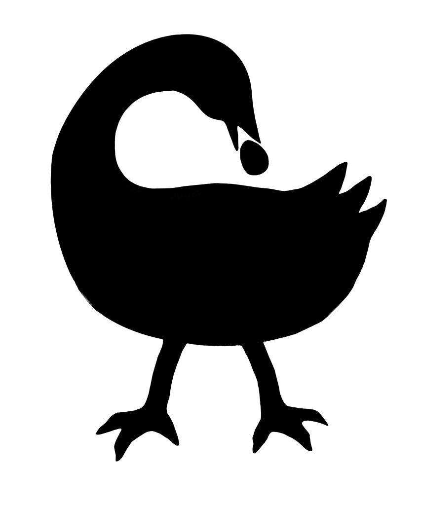 A silouette of a bird looking over its shoulder, and holding an egg in its mouth.