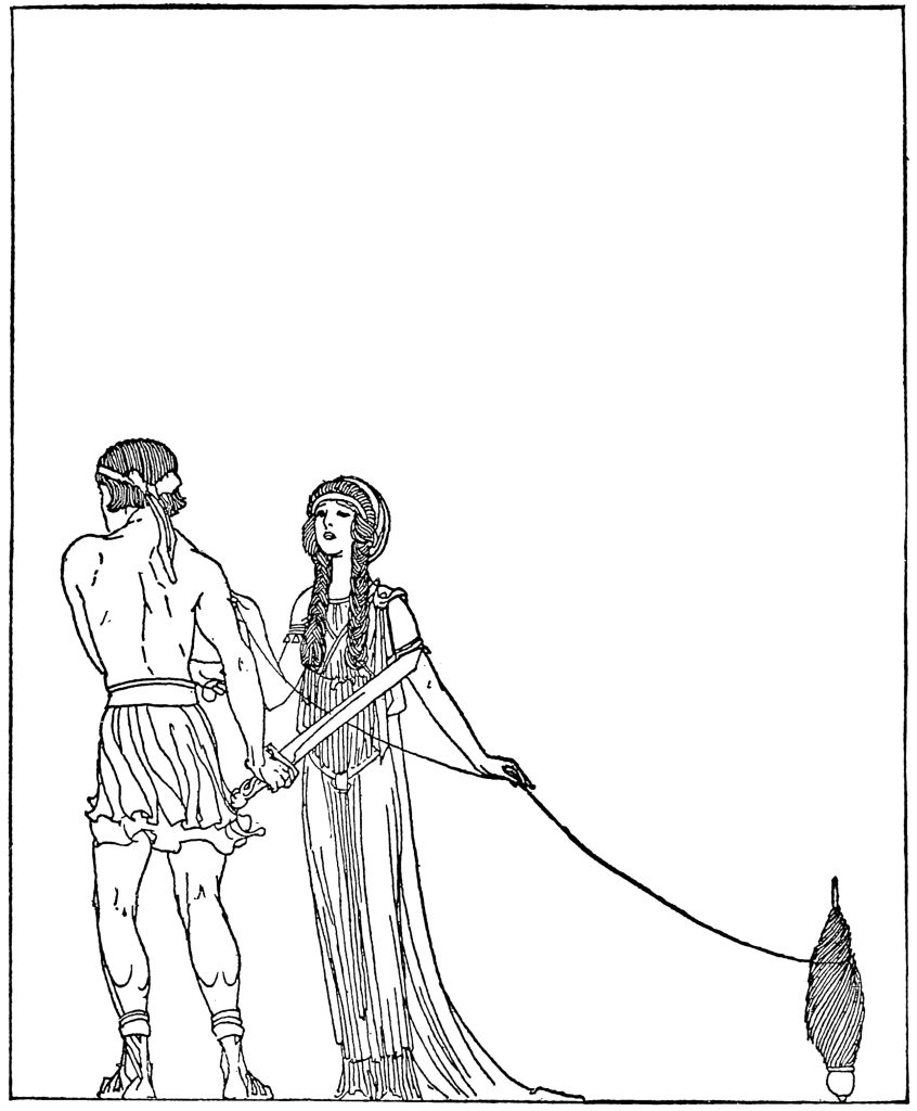 A woman with a large ball of yarn talking to a man holding a sword.