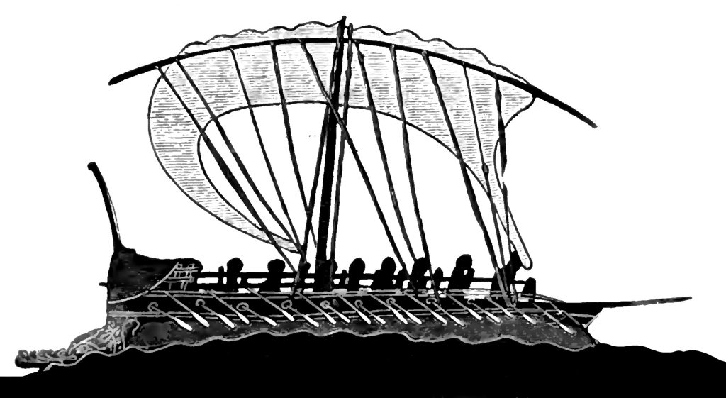 Drawing of a large ship rowed by many people.