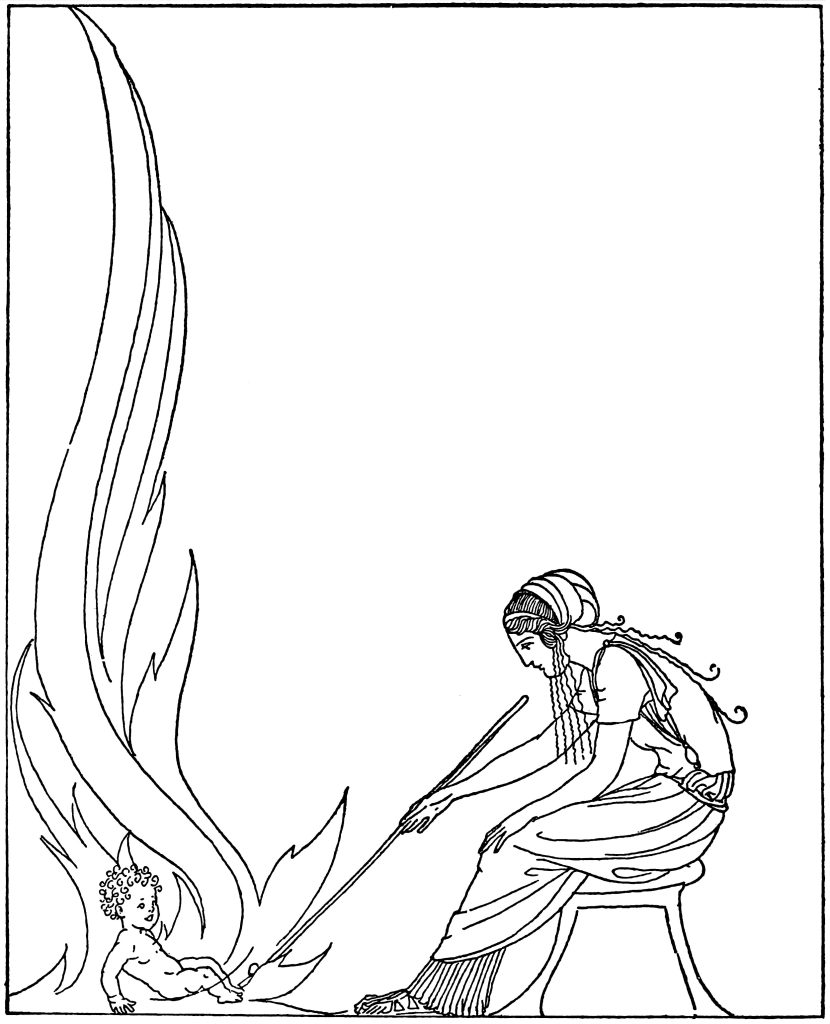 A smiling baby sitting in a fire, tended by a woman in ancient Greek clothing.