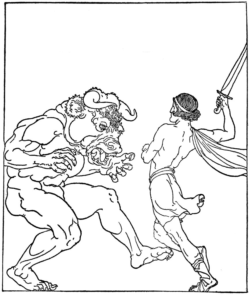 A man holding a sword fighting with a beast that is part bull and part human.