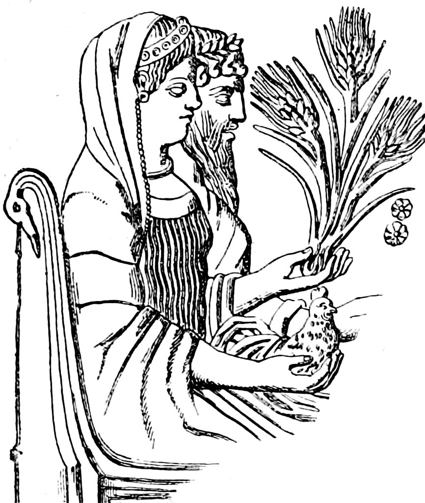 A woman holding a sheaf of grain seated next to a man.