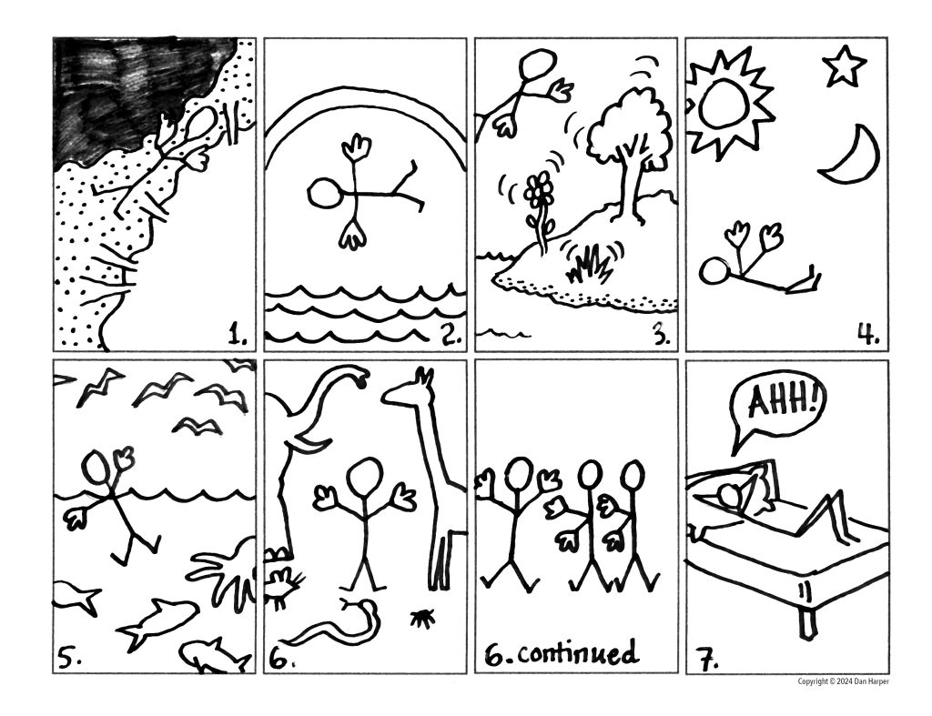 Comic book version of the first seven days, with stick figures.