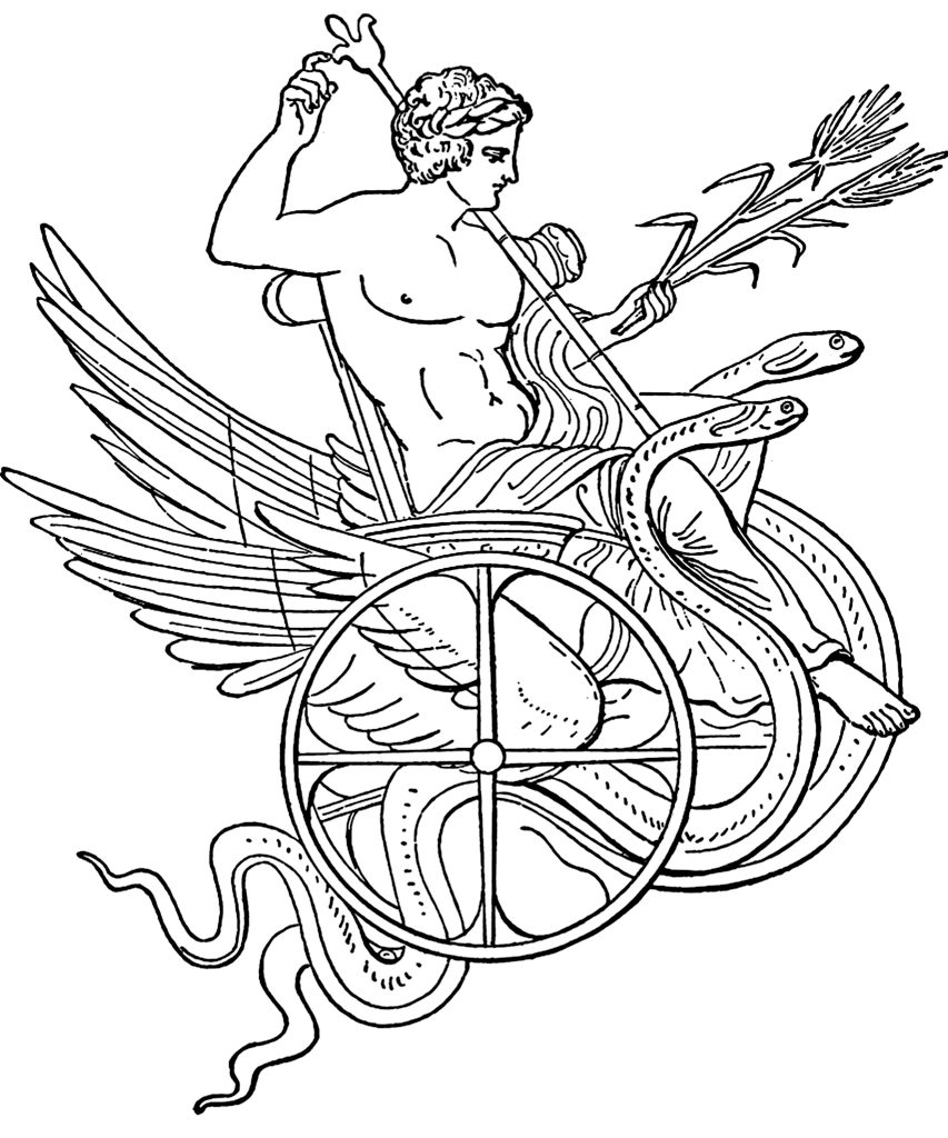 A man riding in a winged chariot, holding sheaves of grain.