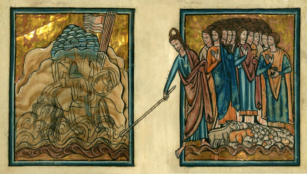 Medieval illustration of Moses and the parting of the Red Sea.